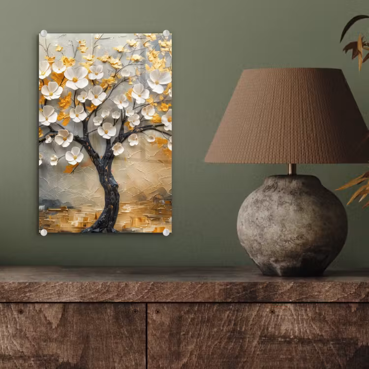 Glas schilderij - Boom - Bloemen - Goud - Beige — 4