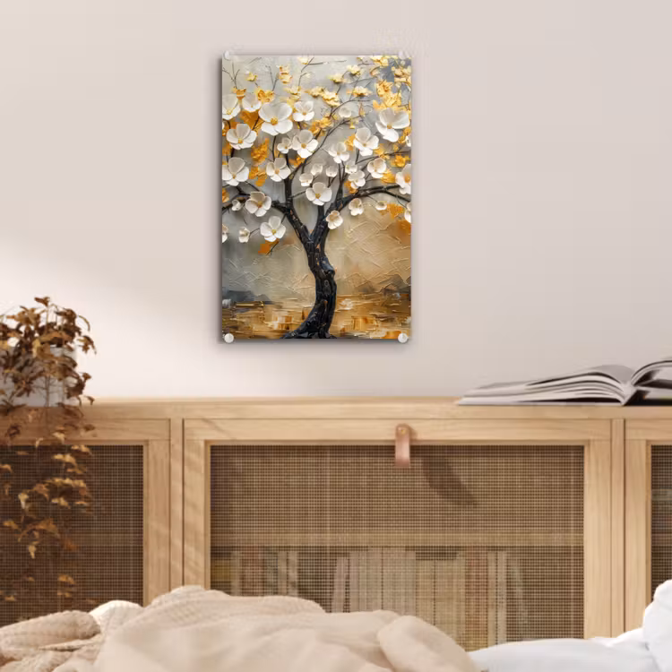 Glas schilderij - Boom - Bloemen - Goud - Beige — 5