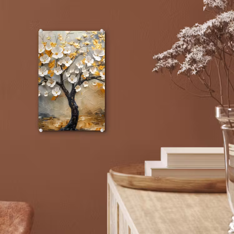 Glas schilderij - Boom - Bloemen - Goud - Beige — 6
