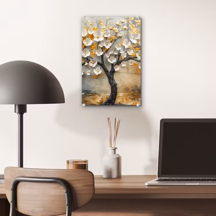 Glas schilderij - Boom - Bloemen - Goud - Beige — 7