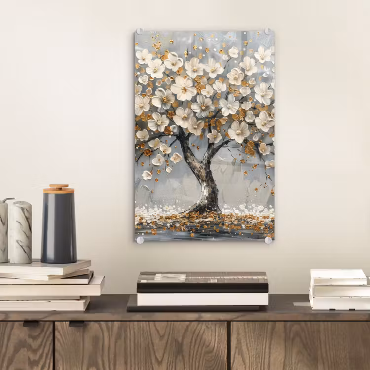 Glas schilderij - Boom - Bloemen - Wit - Natuur - Kunst — 2
