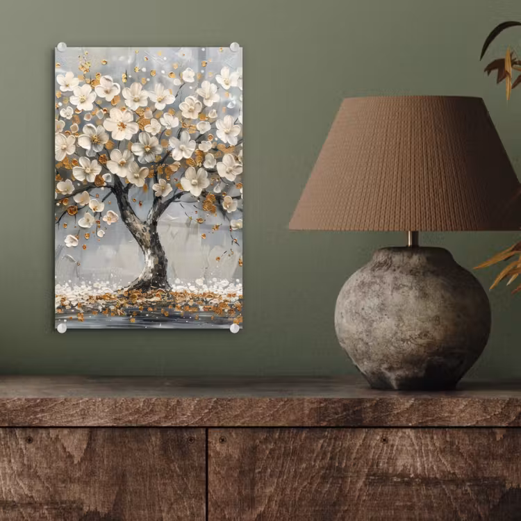 Glas schilderij - Boom - Bloemen - Wit - Natuur - Kunst — 4