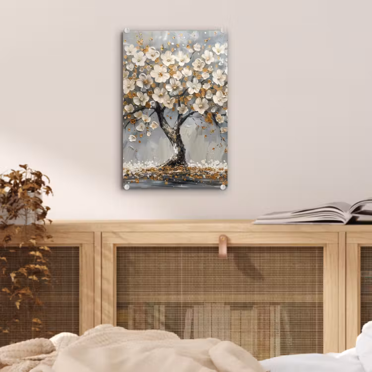 Glas schilderij - Boom - Bloemen - Wit - Natuur - Kunst — 5