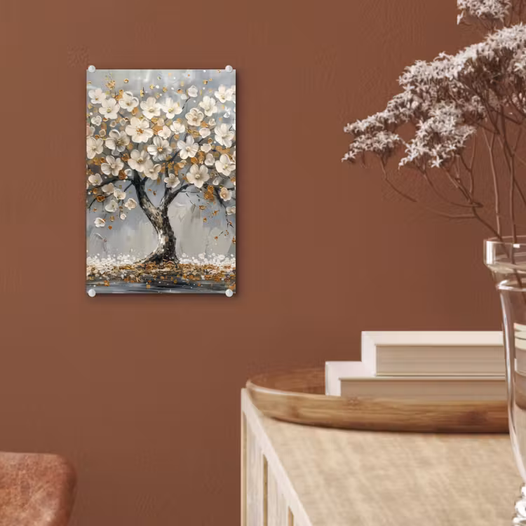 Glas schilderij - Boom - Bloemen - Wit - Natuur - Kunst — 6