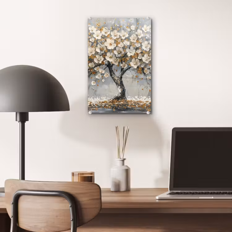 Glas schilderij - Boom - Bloemen - Wit - Natuur - Kunst — 7