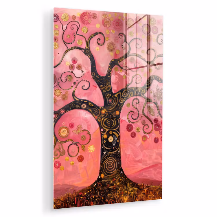 Glas schilderij - Boom - Levensboom - Roze - Goud — 1