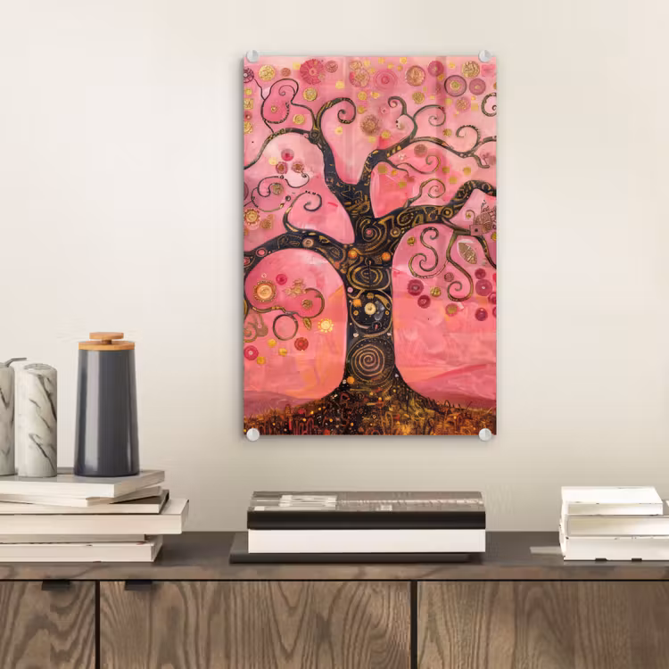 Glas schilderij - Boom - Levensboom - Roze - Goud — 2