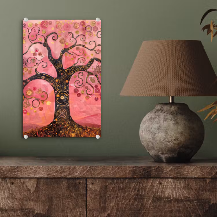 Glas schilderij - Boom - Levensboom - Roze - Goud — 4