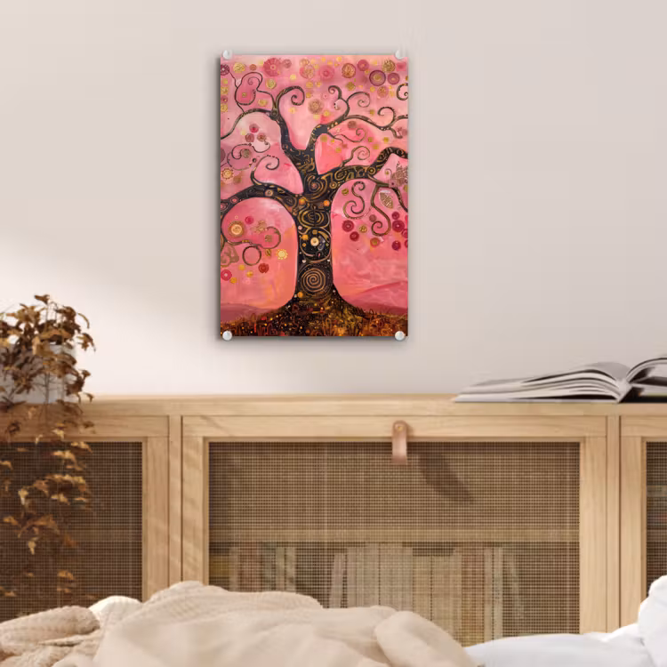 Glas schilderij - Boom - Levensboom - Roze - Goud — 5