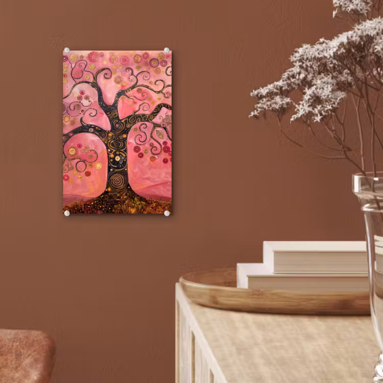 Glas schilderij - Boom - Levensboom - Roze - Goud — 6