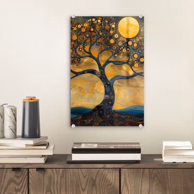 Glas schilderij - Boom - Maan - Bloemen - Goud - Kunst — 2
