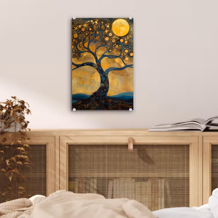 Glas schilderij - Boom - Maan - Bloemen - Goud - Kunst — 5