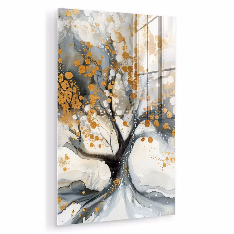 Glas schilderij - Boom - Modern - Abstract - Goud - Zwart - Wit — 1