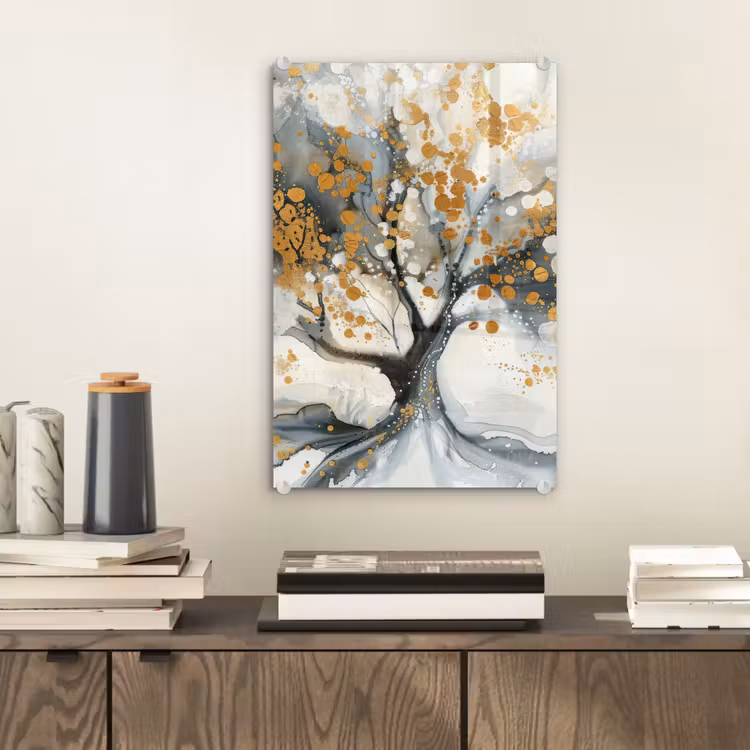 Glas schilderij - Boom - Modern - Abstract - Goud - Zwart - Wit — 2