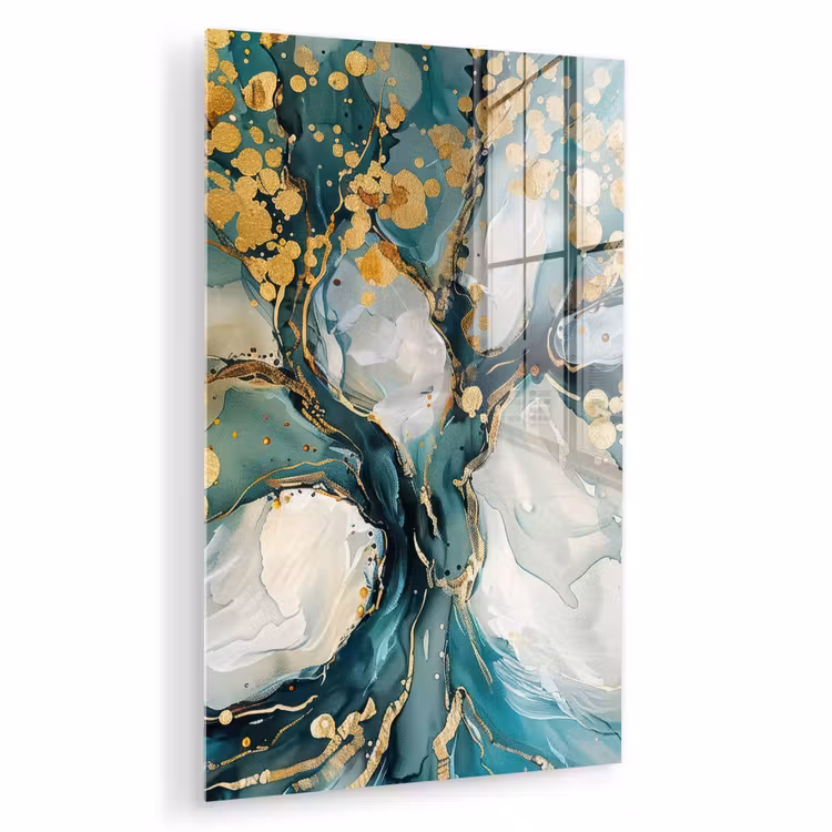Glas schilderij - Boom - Modern - Verflook - Turquoise - Goud — 1