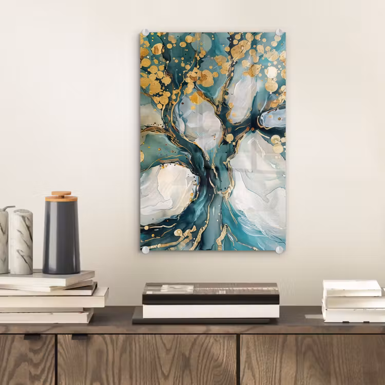 Glas schilderij - Boom - Modern - Verflook - Turquoise - Goud — 2