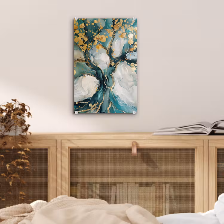 Glas schilderij - Boom - Modern - Verflook - Turquoise - Goud — 5