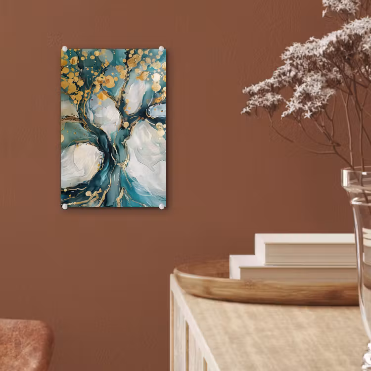 Glas schilderij - Boom - Modern - Verflook - Turquoise - Goud — 6