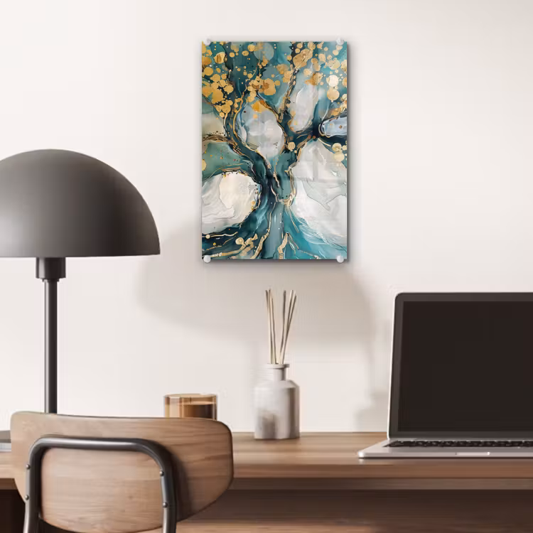 Glas schilderij - Boom - Modern - Verflook - Turquoise - Goud — 7