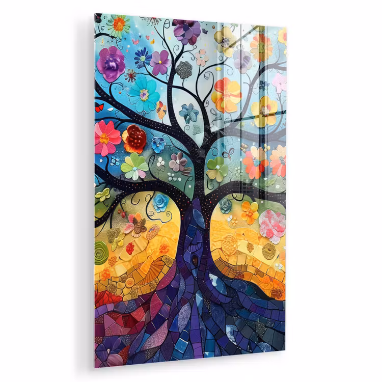 Glas schilderij - Kunst - Levensboom - Bloemen - Hippie — 1
