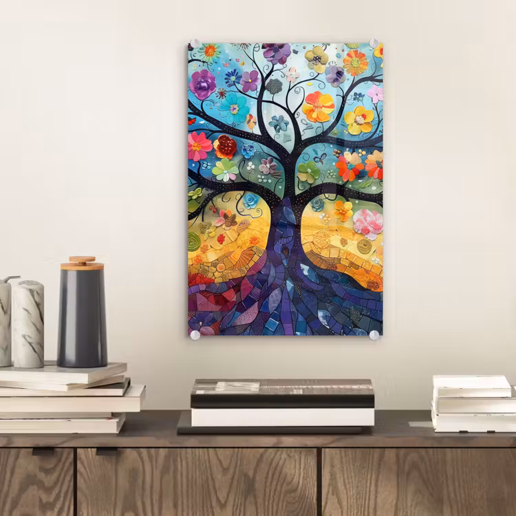Glas schilderij - Kunst - Levensboom - Bloemen - Hippie — 2