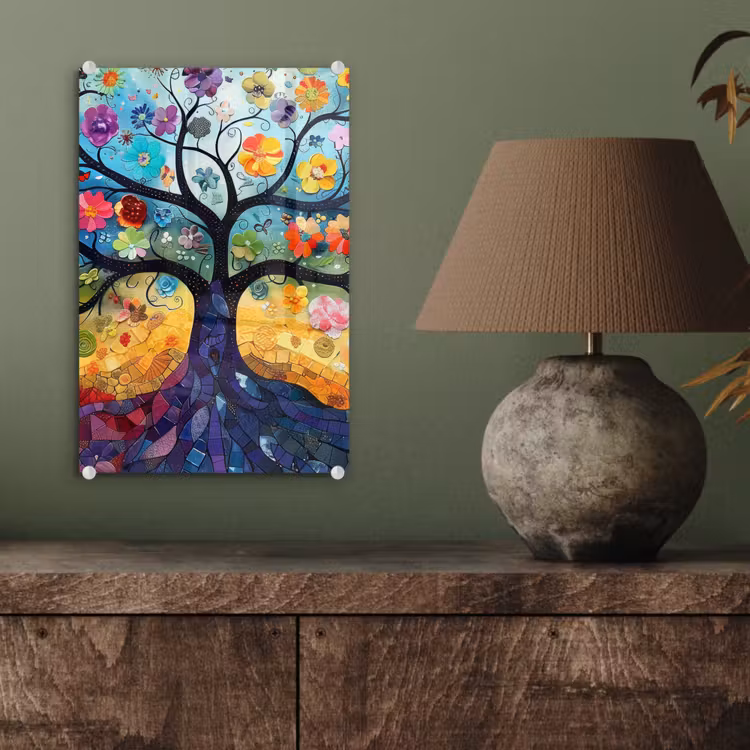 Glas schilderij - Kunst - Levensboom - Bloemen - Hippie — 4