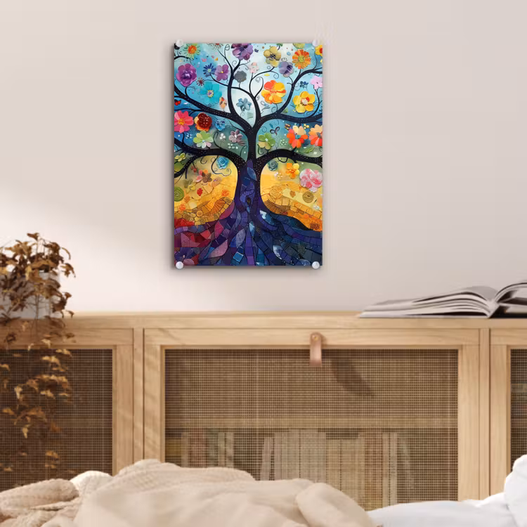 Glas schilderij - Kunst - Levensboom - Bloemen - Hippie — 5