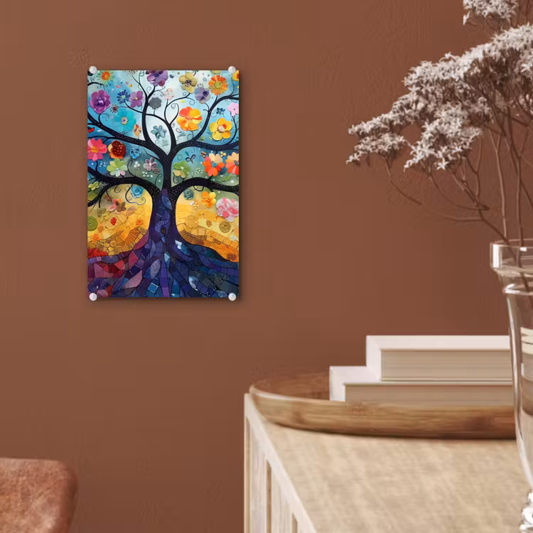 Glas schilderij - Kunst - Levensboom - Bloemen - Hippie — 6