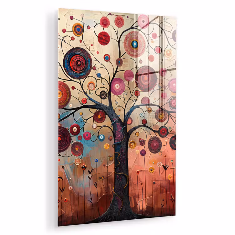 Glas schilderij - Levensboom - Bloemen - Roze - Hippie - Kunst — 1
