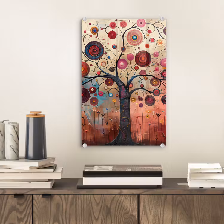 Glas schilderij - Levensboom - Bloemen - Roze - Hippie - Kunst — 2