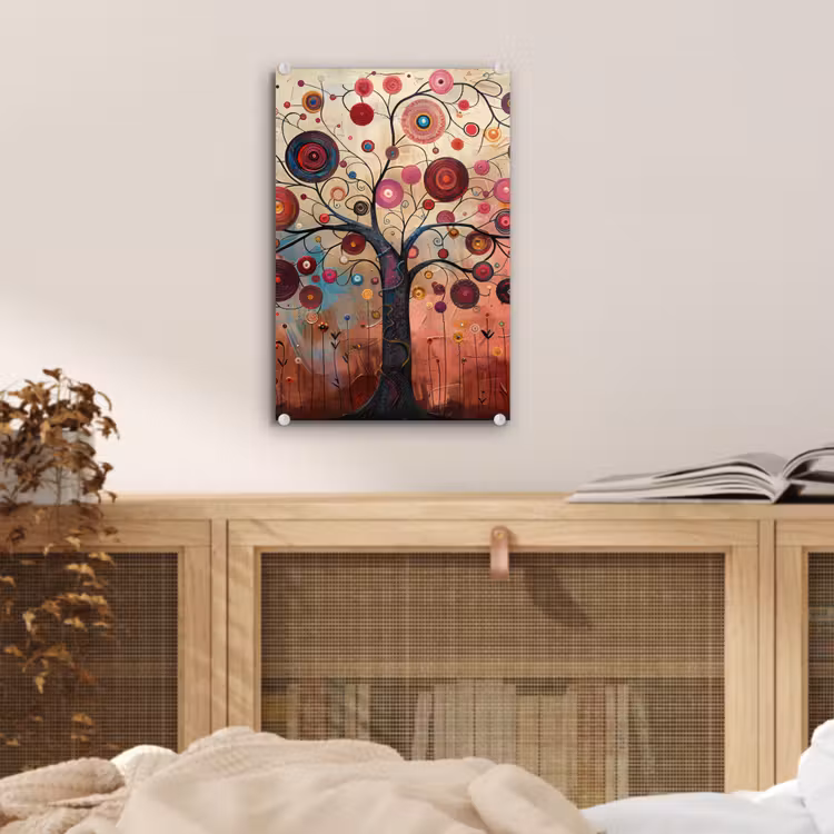 Glas schilderij - Levensboom - Bloemen - Roze - Hippie - Kunst — 5
