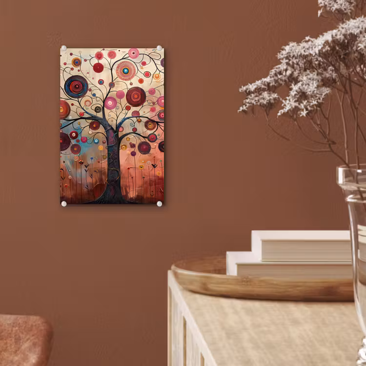 Glas schilderij - Levensboom - Bloemen - Roze - Hippie - Kunst — 6