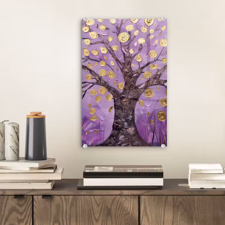 Glas schilderij - Levensboom - Boom - Paars - Goud - Modern — 2