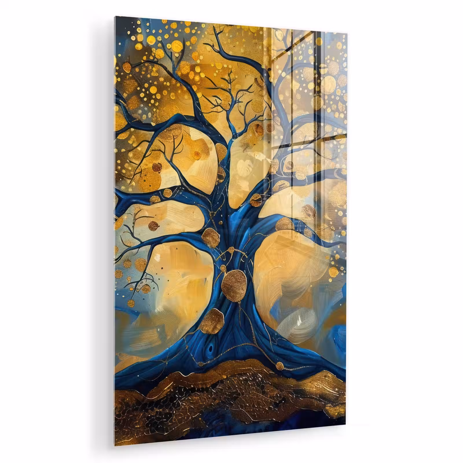 Glas schilderij - Boom - Levensboom - Blauw - Goud — 1