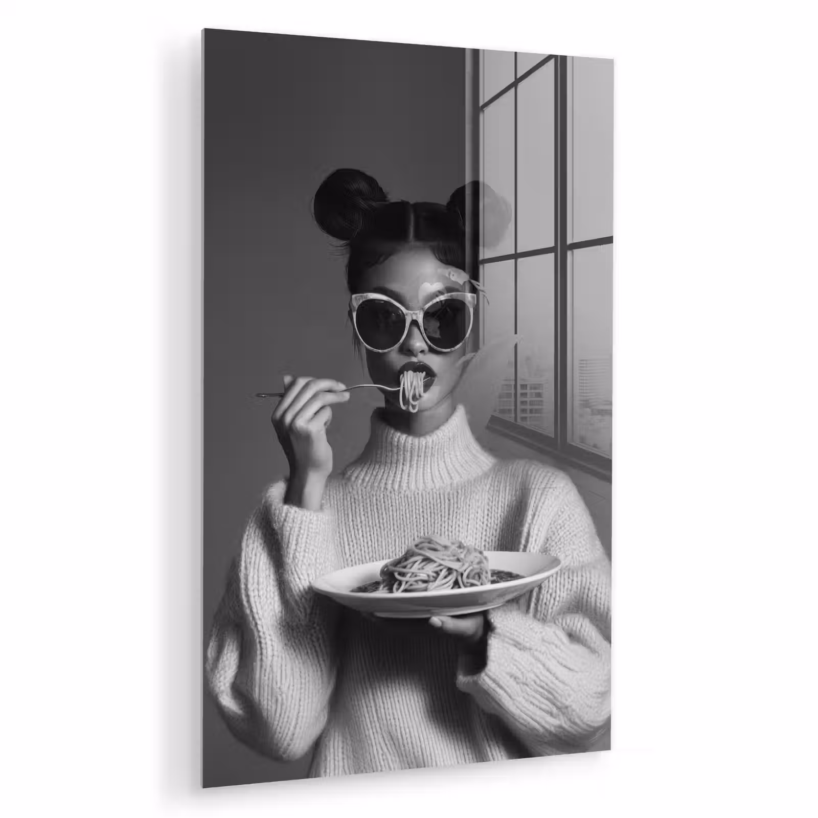 Glas schilderij - Vrouw - Pasta - Zonnebril — 1