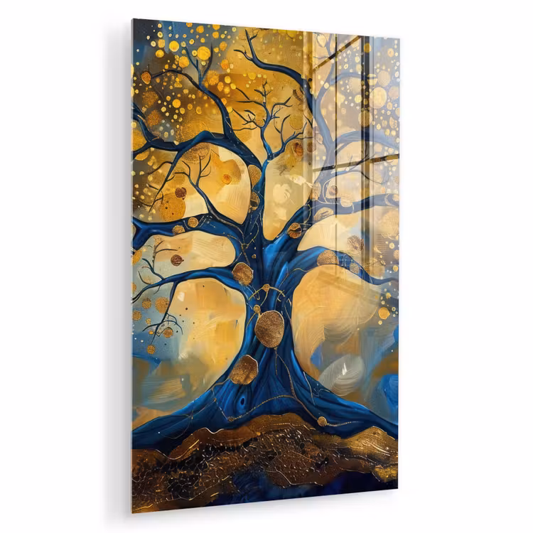 Glas schilderij - Boom - Levensboom - Blauw - Goud — 1