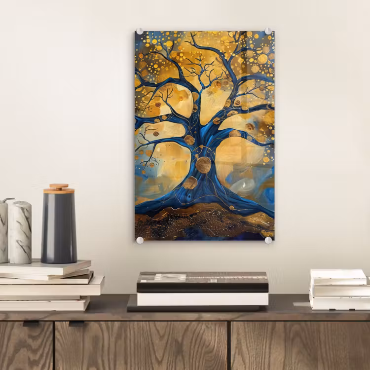 Glas schilderij - Boom - Levensboom - Blauw - Goud — 2