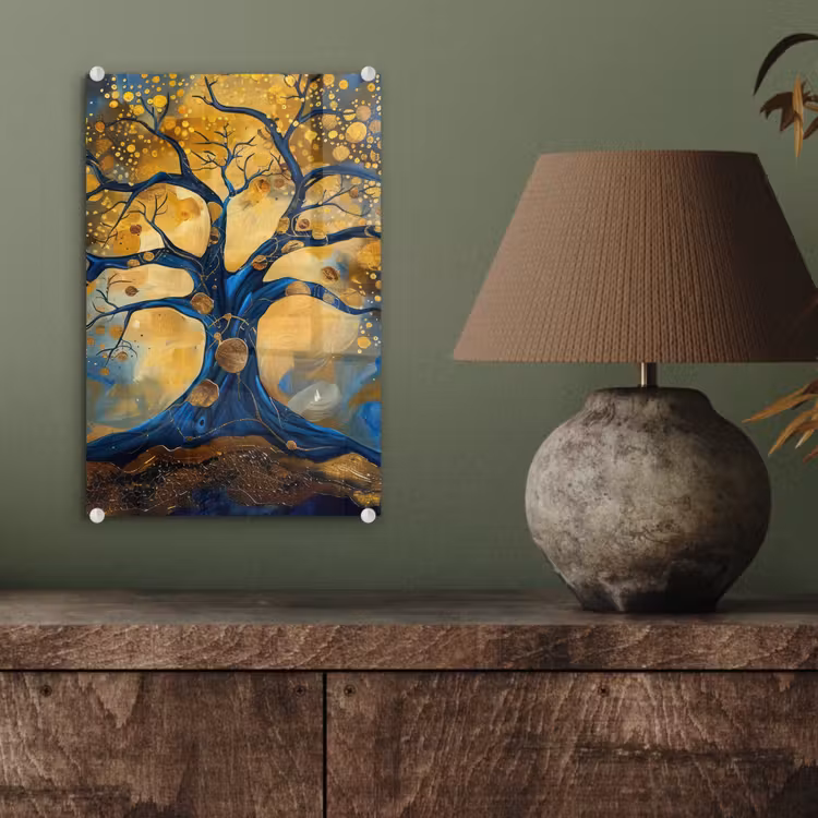 Glas schilderij - Boom - Levensboom - Blauw - Goud — 4