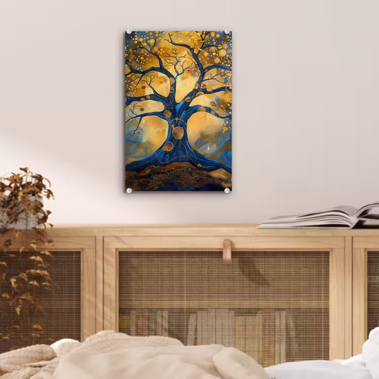 Glas schilderij - Boom - Levensboom - Blauw - Goud — 5