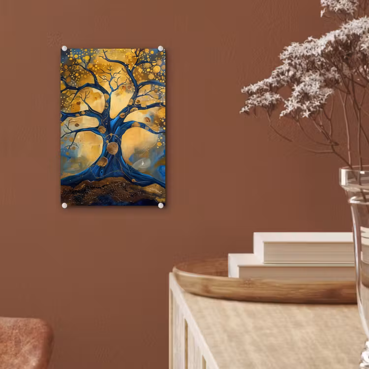 Glas schilderij - Boom - Levensboom - Blauw - Goud — 6