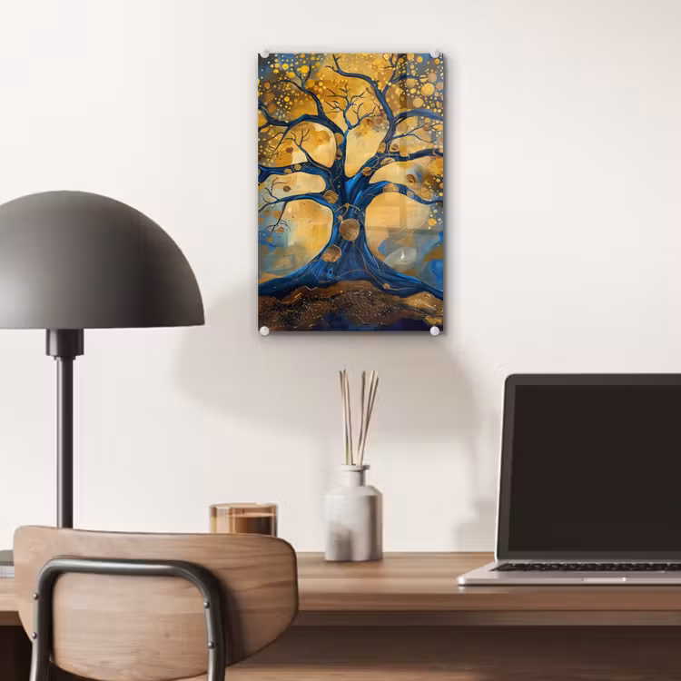 Glas schilderij - Boom - Levensboom - Blauw - Goud — 7