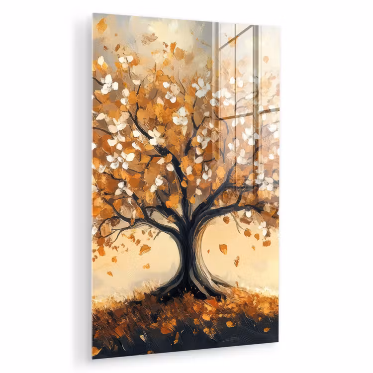 Glas schilderij - Herfst - Boom - Oranje - Bladeren - Levensboom - Abstract — 1