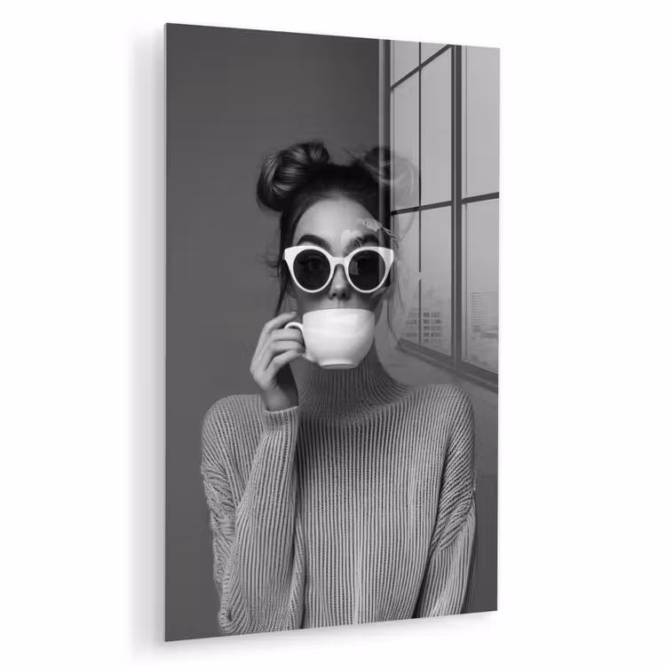 Glas schilderij - Vrouw - Koffie - Zwart - Wit — 1