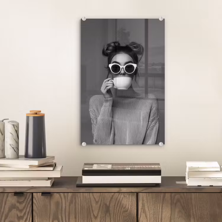 Glas schilderij - Vrouw - Koffie - Zwart - Wit — 2