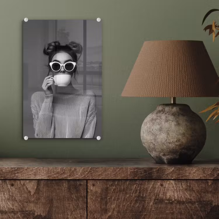 Glas schilderij - Vrouw - Koffie - Zwart - Wit — 4