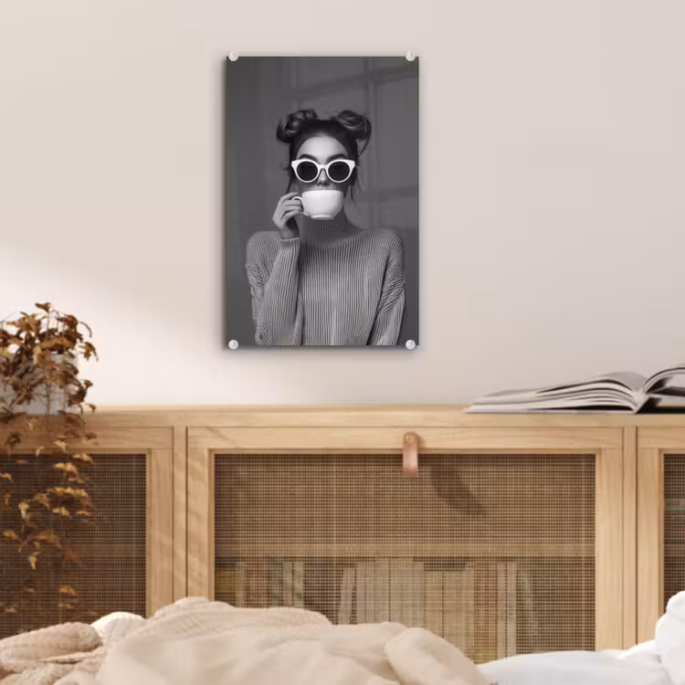 Glas schilderij - Vrouw - Koffie - Zwart - Wit — 5