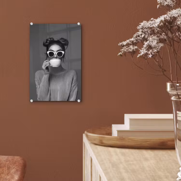 Glas schilderij - Vrouw - Koffie - Zwart - Wit — 6