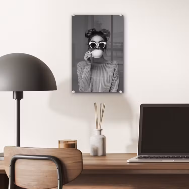Glas schilderij - Vrouw - Koffie - Zwart - Wit — 7