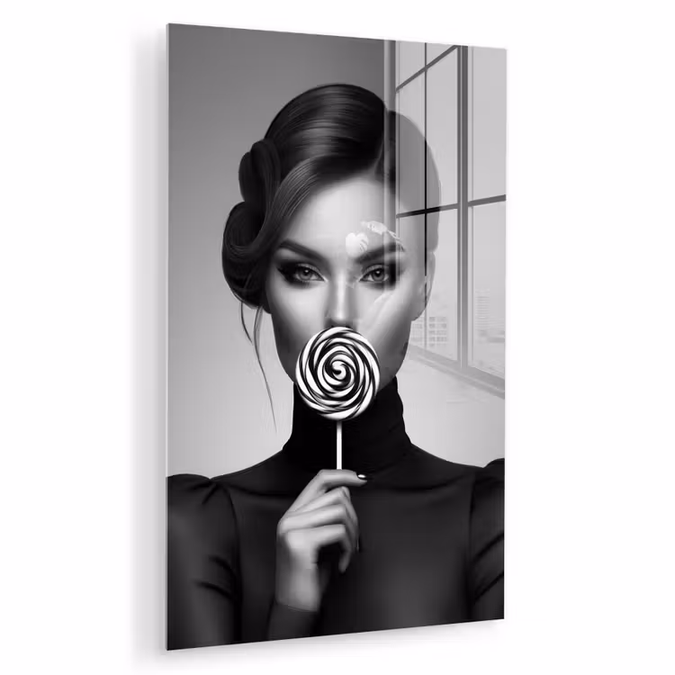 Glas schilderij - Vrouw - Lolly - Zwart — 1