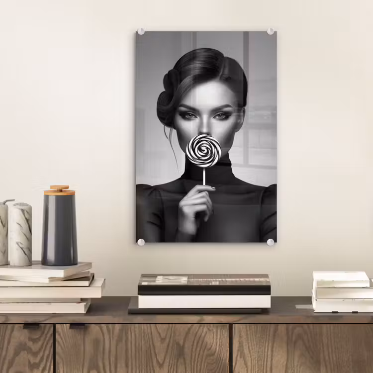 Glas schilderij - Vrouw - Lolly - Zwart — 2
